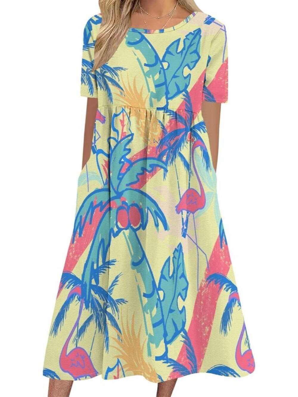Women's Yellow Blue Sleeve Crewneck Floral Print Casual Mode Maxi Long Dress